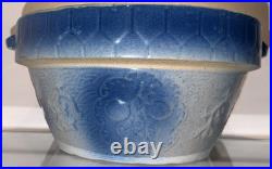 Vintage Blue White Salt Glaze Stoneware Bowl w Side Handles Primitive Farmhouse