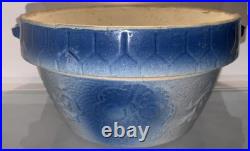 Vintage Blue White Salt Glaze Stoneware Bowl w Side Handles Primitive Farmhouse