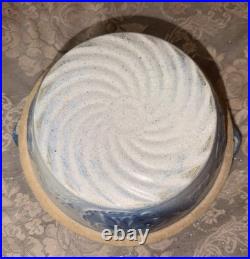 Vintage Blue White Salt Glaze Stoneware Bowl w Side Handles Primitive Farmhouse