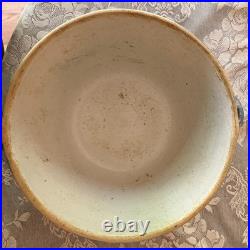 Vintage Blue White Salt Glaze Stoneware Bowl w Side Handles Primitive Farmhouse