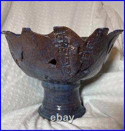 Vintage Brutalist Style Pottery Trippy Purple-blue Pedestal Bowl Unique Chip