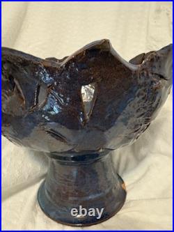 Vintage Brutalist Style Pottery Trippy Purple-blue Pedestal Bowl Unique Chip