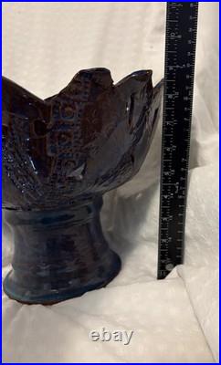 Vintage Brutalist Style Pottery Trippy Purple-blue Pedestal Bowl Unique Chip