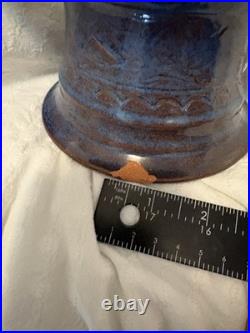 Vintage Brutalist Style Pottery Trippy Purple-blue Pedestal Bowl Unique Chip