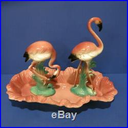 Vintage California Pottery Maddux Pink Flamingo Pair w Bowl