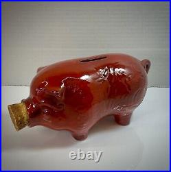 Vintage California Pottery Piggy Bank Corked Pig Coin Bank Red Burgundy
