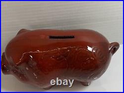 Vintage California Pottery Piggy Bank Corked Pig Coin Bank Red Burgundy