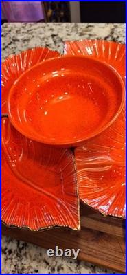 Vintage California Pottery Reddish Orange Gold Dip Serving Bowl/lazy Susan