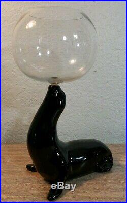 Vintage Camark Large Black Pottery Seal with Fish Bowl