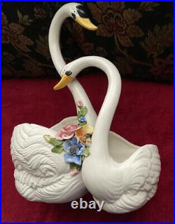 Vintage Capodimonte Double Swan Bowls Centerpiece Planter Italy Porcelain