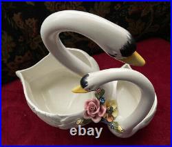 Vintage Capodimonte Double Swan Bowls Centerpiece Planter Italy Porcelain