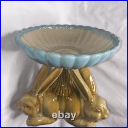 Vintage Ceramic Triple Rabbit Brown And Pedestal Bowl Light Blue Scallop Top