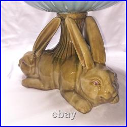 Vintage Ceramic Triple Rabbit Brown And Pedestal Bowl Light Blue Scallop Top