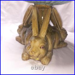 Vintage Ceramic Triple Rabbit Brown And Pedestal Bowl Light Blue Scallop Top