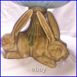 Vintage Ceramic Triple Rabbit Brown And Pedestal Bowl Light Blue Scallop Top