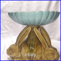 Vintage Ceramic Triple Rabbit Brown And Pedestal Bowl Light Blue Scallop Top