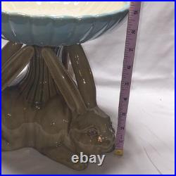 Vintage Ceramic Triple Rabbit Brown And Pedestal Bowl Light Blue Scallop Top