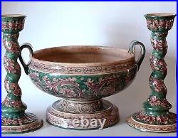 Vintage Ceramiche Biagioli Gubbio Italy, Hand Painted Footed Bowl & Candleholder