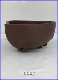 Vintage Chinese Ancient Yixing Zisha Pottery Hand Carved Lotus Bowl Great Cond