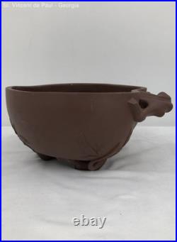 Vintage Chinese Ancient Yixing Zisha Pottery Hand Carved Lotus Bowl Great Cond