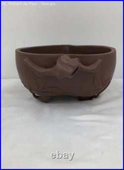 Vintage Chinese Ancient Yixing Zisha Pottery Hand Carved Lotus Bowl Great Cond