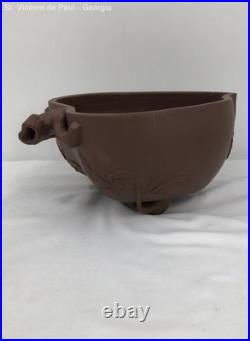 Vintage Chinese Ancient Yixing Zisha Pottery Hand Carved Lotus Bowl Great Cond