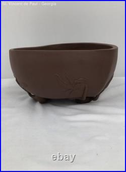 Vintage Chinese Ancient Yixing Zisha Pottery Hand Carved Lotus Bowl Great Cond