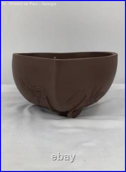 Vintage Chinese Ancient Yixing Zisha Pottery Hand Carved Lotus Bowl Great Cond