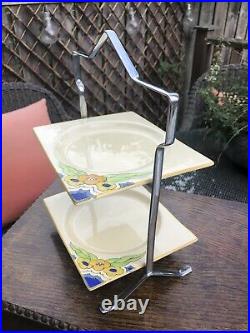 Vintage Clarice Cliff Double Cake Stand With Art Deco EPNS Stand Biarritz