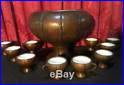Vintage Clewell Copper Clad Art Pottery Punch Bowl Set With 10 Cups