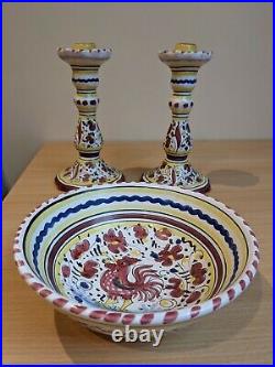 Vintage Deruta Italian Pottery Candlesticks And Bowl Set
