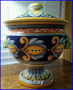 Vintage Deruta Large Hand Painted Italian Geometric Pottery Covered Bowl