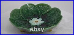 Vintage Fine Majolica Pedestal Dish Water Lilies Green Serving Footed Bowl