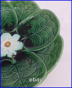 Vintage Fine Majolica Pedestal Dish Water Lilies Green Serving Footed Bowl