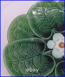 Vintage Fine Majolica Pedestal Dish Water Lilies Green Serving Footed Bowl