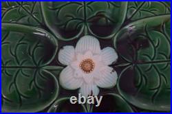 Vintage Fine Majolica Pedestal Dish Water Lilies Green Serving Footed Bowl
