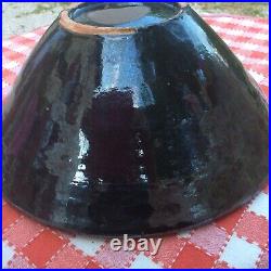 Vintage French 12x6 Black pottery tian bowl Alsace Savoy Floral Art Slipware