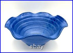 Vintage Fulper Pottery Ruffled Blue Bowl 10 x 4.5 Spiral Swirl Pattern