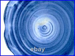 Vintage Fulper Pottery Ruffled Blue Bowl 10 x 4.5 Spiral Swirl Pattern