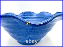 Vintage Fulper Pottery Ruffled Blue Bowl 10 x 4.5 Spiral Swirl Pattern