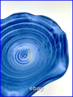 Vintage Fulper Pottery Ruffled Blue Bowl 10 x 4.5 Spiral Swirl Pattern