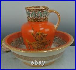 Vintage Furnival Ironstone Pottery Wash Bowl and Pitcher Set with Lion Fighter