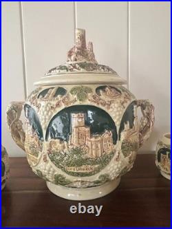 Vintage GERZ German Castle Punch Bowl Set 10 Mugs 3361 Covered Tureen Rhine