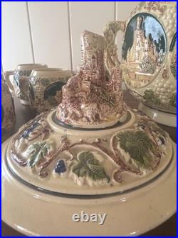 Vintage GERZ German Castle Punch Bowl Set 10 Mugs 3361 Covered Tureen Rhine