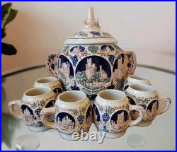 Vintage GERZ German Castle Tureen Punch / Soup Bowl 6 Individual Mugs Cups Set