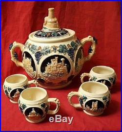 Vintage German Castles On The Rhine Pottery Punch Cider Bowl & 4 Mugs