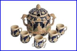 Vintage German Peter Gerz Castle Stoneware Punchbowl Tureen Set with 5 Mugs