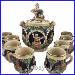 Vintage German Punch Cider Bowl Set 8 Cups Mugs Steins Castles Stoneware