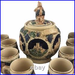 Vintage German Punch Cider Bowl Set 8 Cups Mugs Steins Castles Stoneware