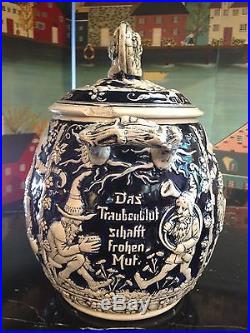 Vintage German Stein Punch Bowl Soup Tureen gnomes elf stoneware Art pottery